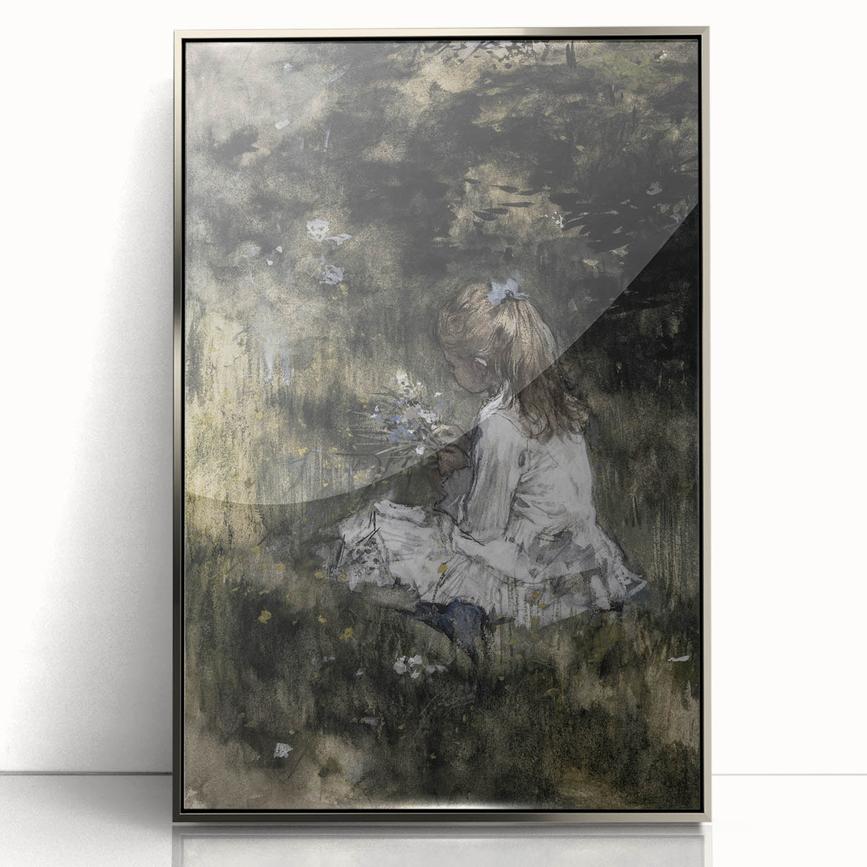 Dark Academia Wall Art - Thoughtful Girl with Flowers for Moody Decor