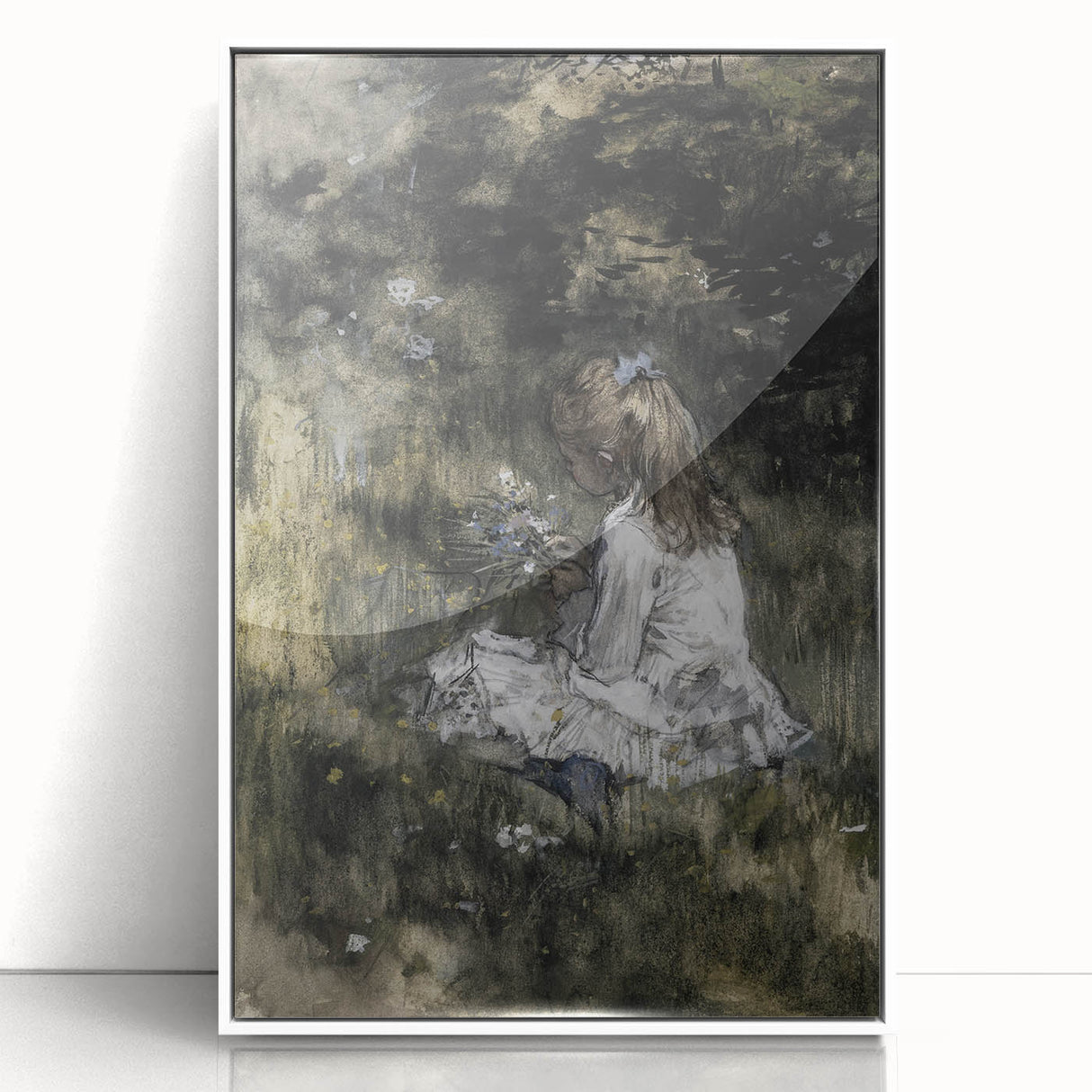 Dark Academia Wall Art - Thoughtful Girl with Flowers for Moody Decor