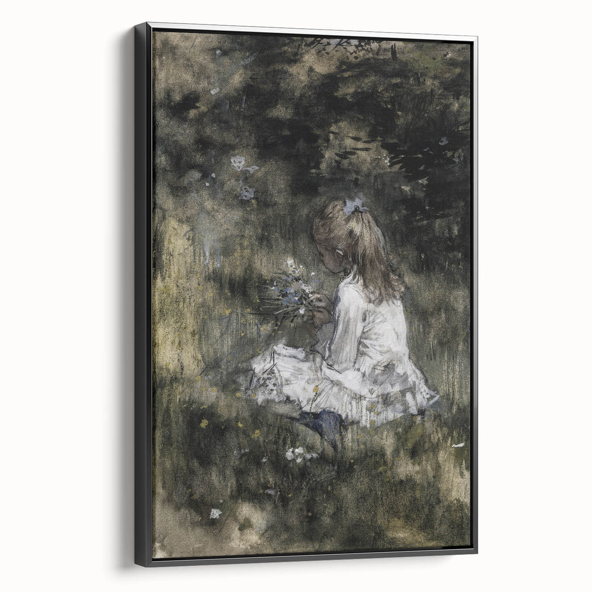Dark Academia Wall Art - Thoughtful Girl with Flowers for Moody Decor