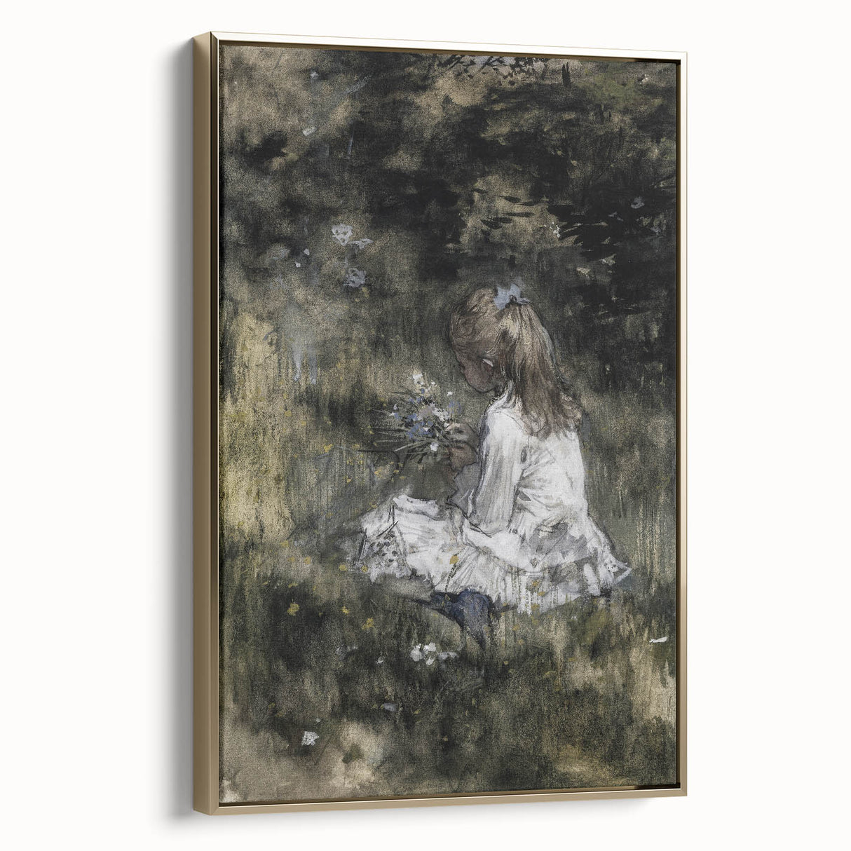 Dark Academia Wall Art - Thoughtful Girl with Flowers for Moody Decor