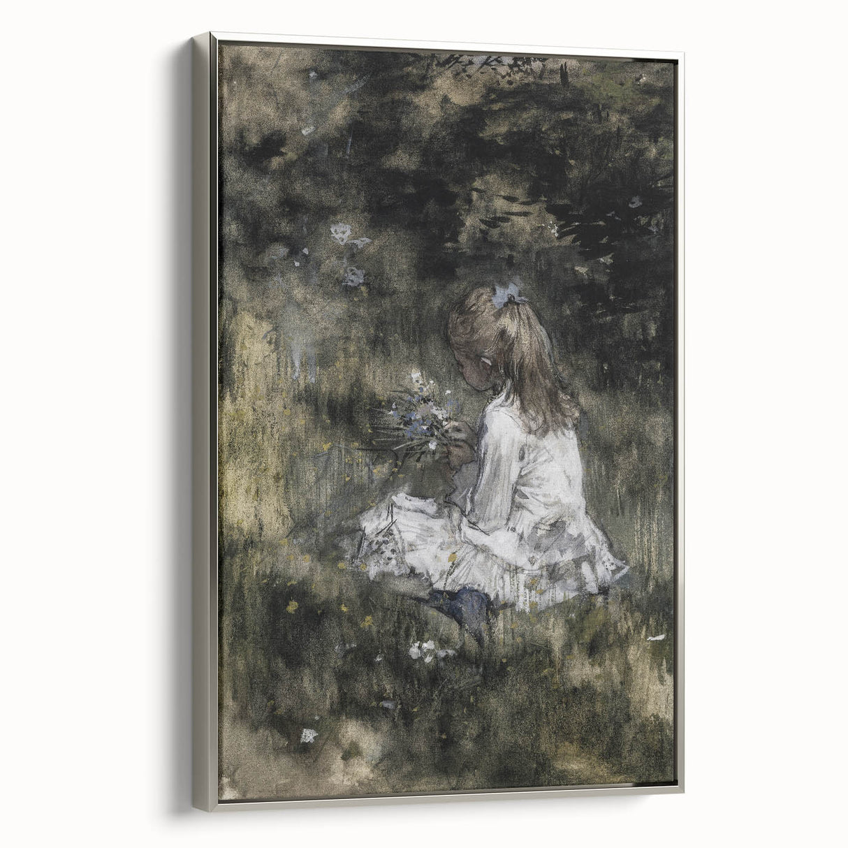 Dark Academia Wall Art - Thoughtful Girl with Flowers for Moody Decor