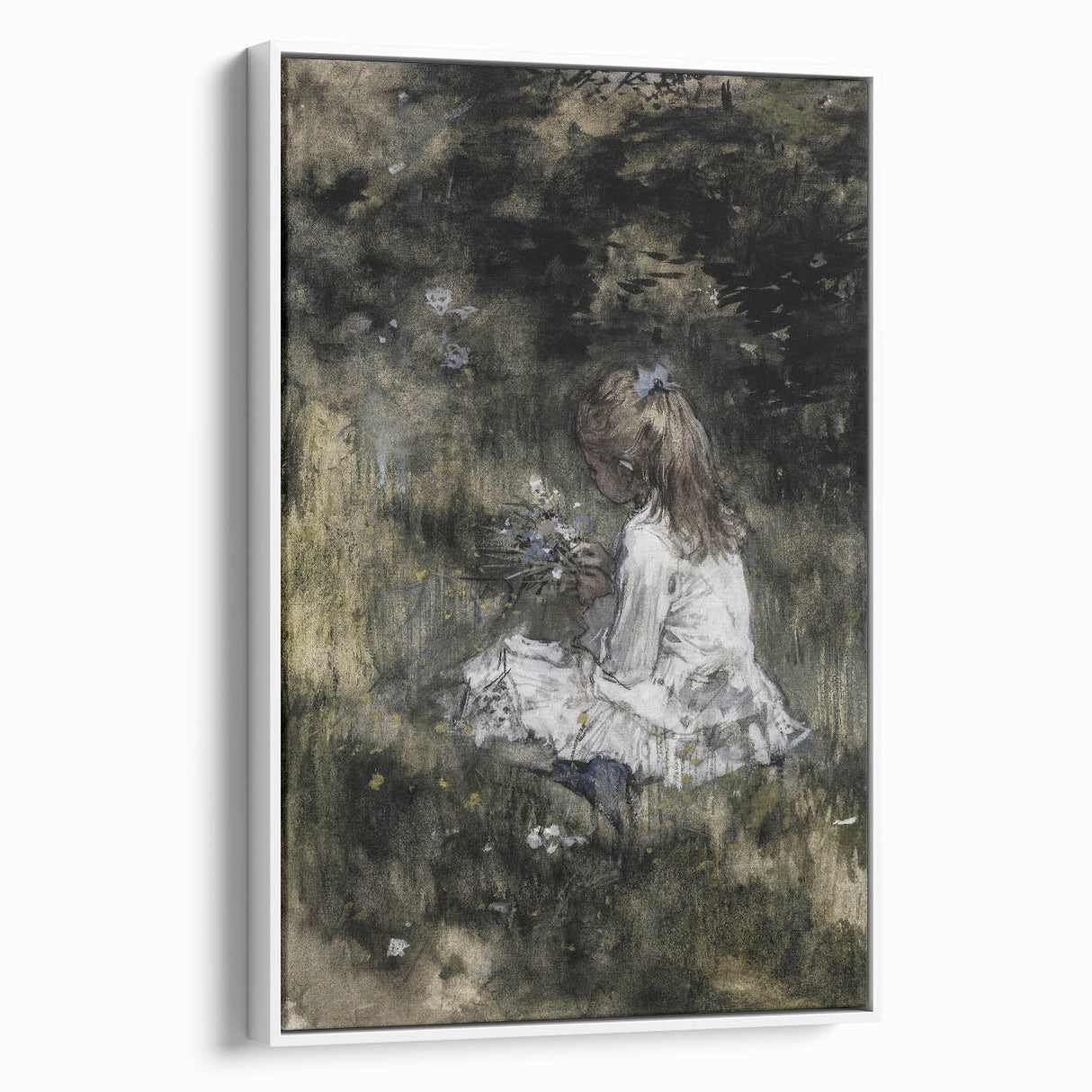 Dark Academia Wall Art - Thoughtful Girl with Flowers for Moody Decor