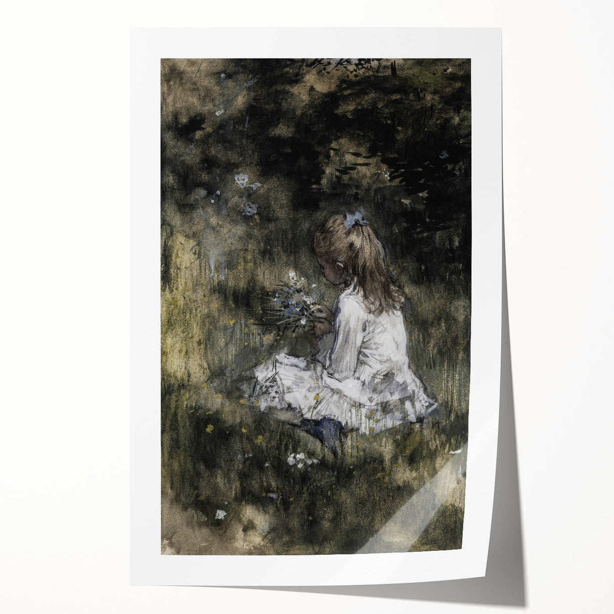 Dark Academia Wall Art - Thoughtful Girl with Flowers for Moody Decor
