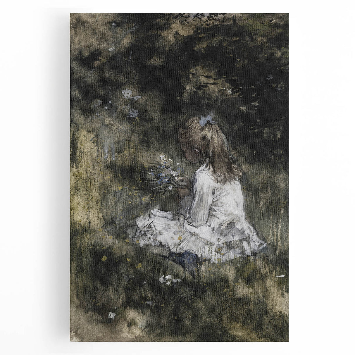 Dark Academia Wall Art - Thoughtful Girl with Flowers for Moody Decor