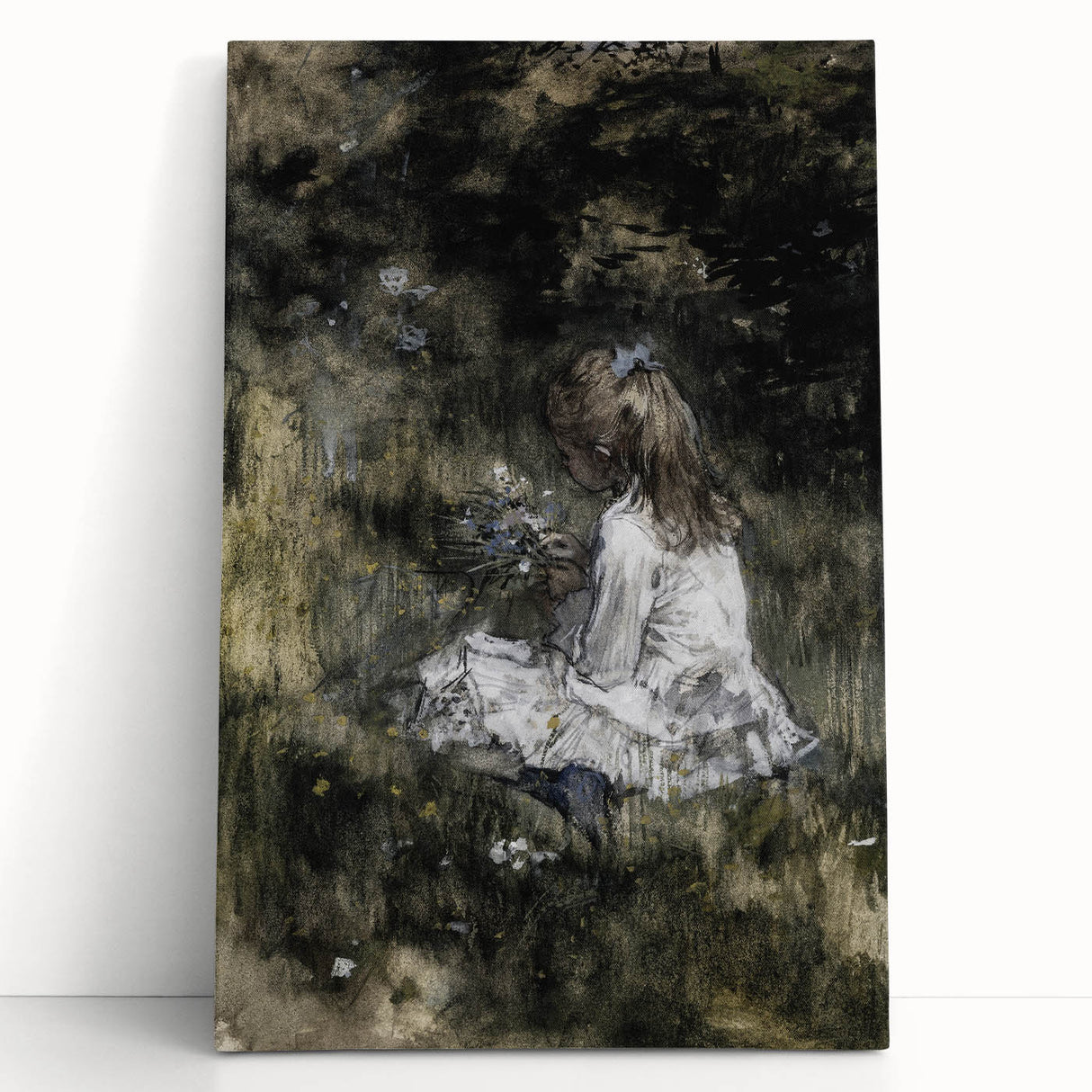 Dark Academia Wall Art - Thoughtful Girl with Flowers for Moody Decor