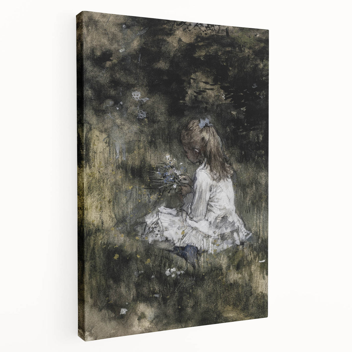 Dark Academia Wall Art - Thoughtful Girl with Flowers for Moody Decor