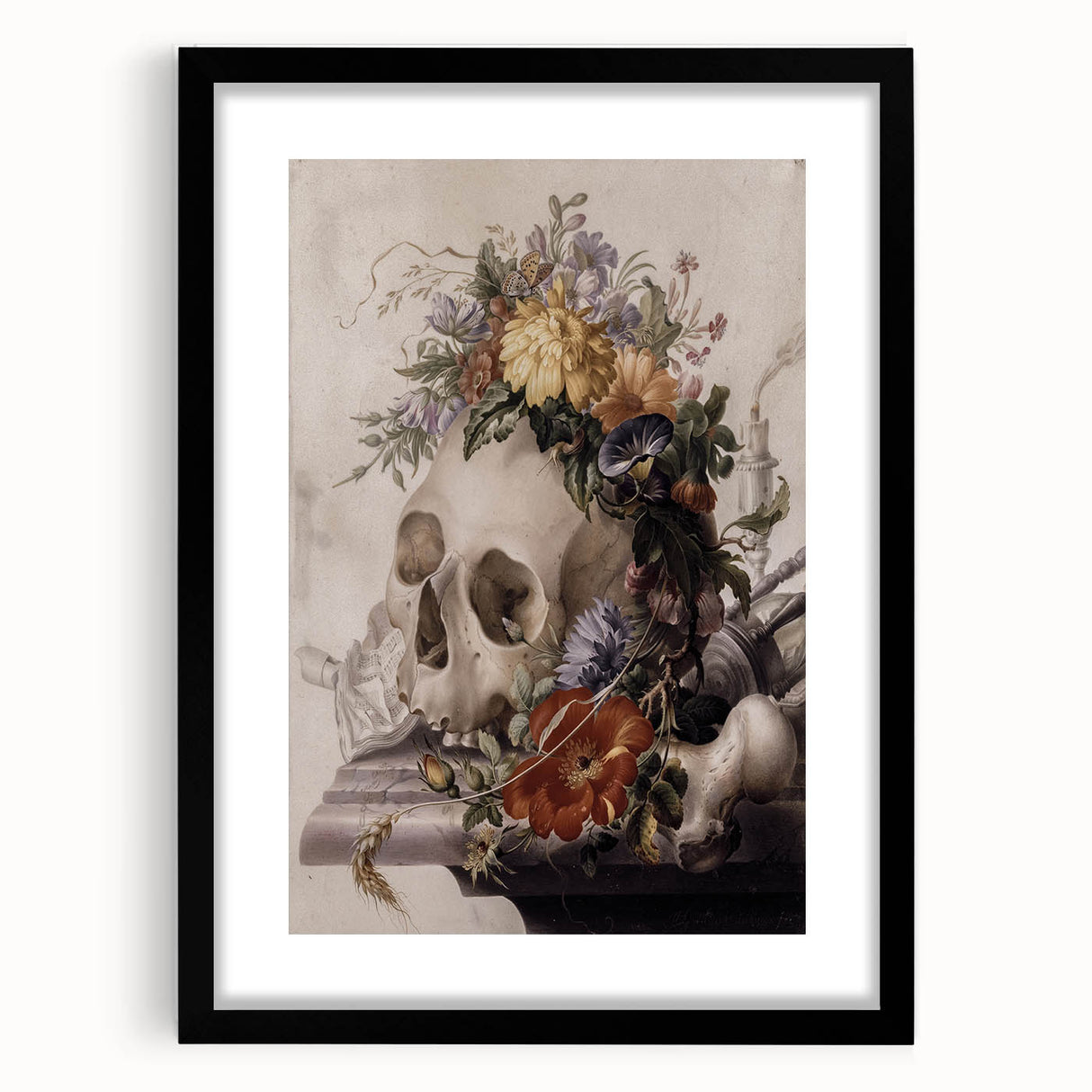 Skull with Floral Crown | Dark Academia Vintage Gothic Wall Art Print