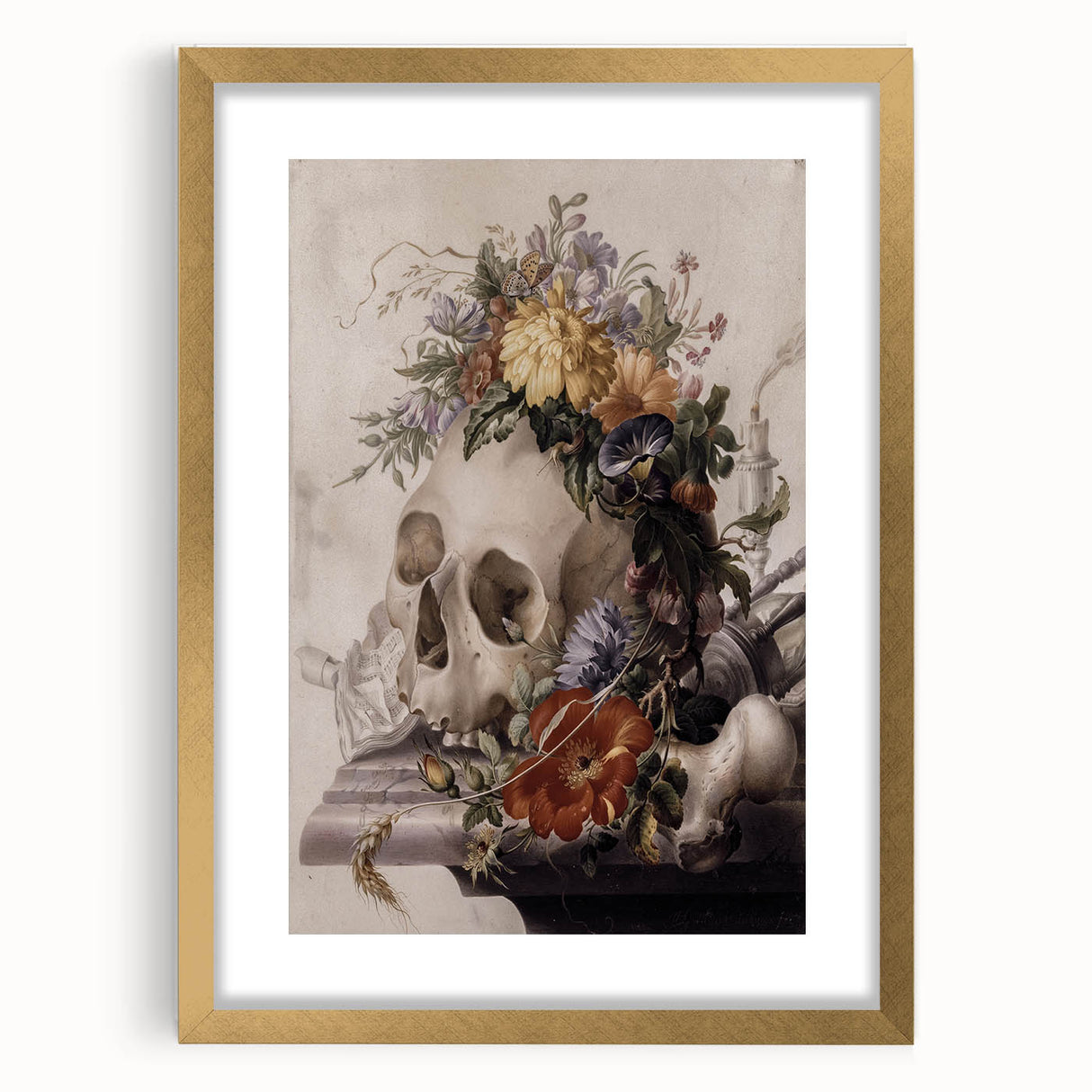 Skull with Floral Crown | Dark Academia Vintage Gothic Wall Art Print