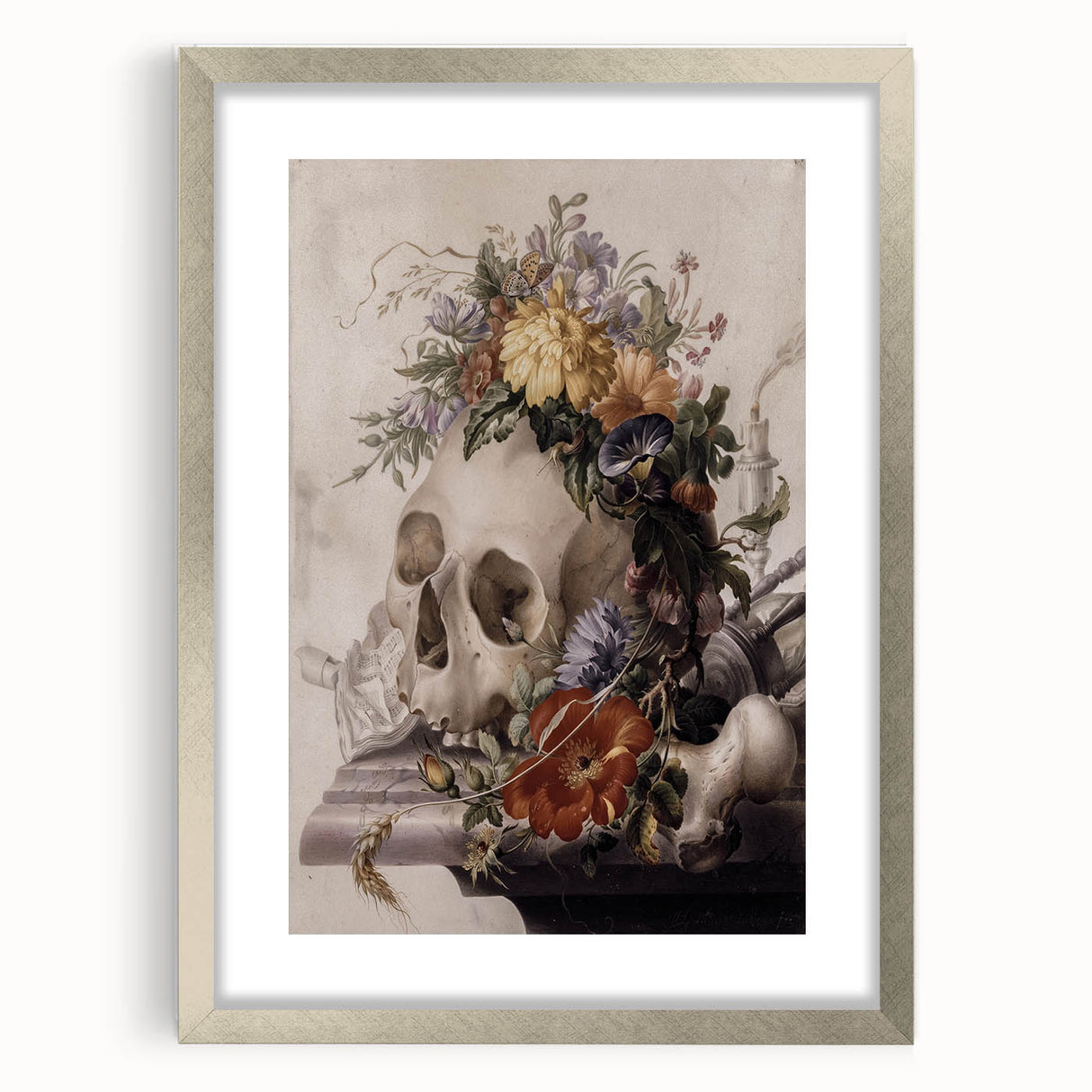 Skull with Floral Crown | Dark Academia Vintage Gothic Wall Art Print