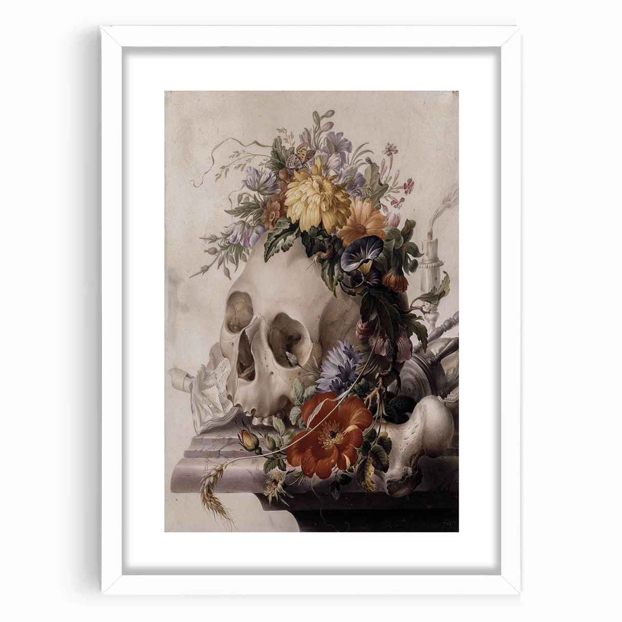 Skull with Floral Crown | Dark Academia Vintage Gothic Wall Art Print