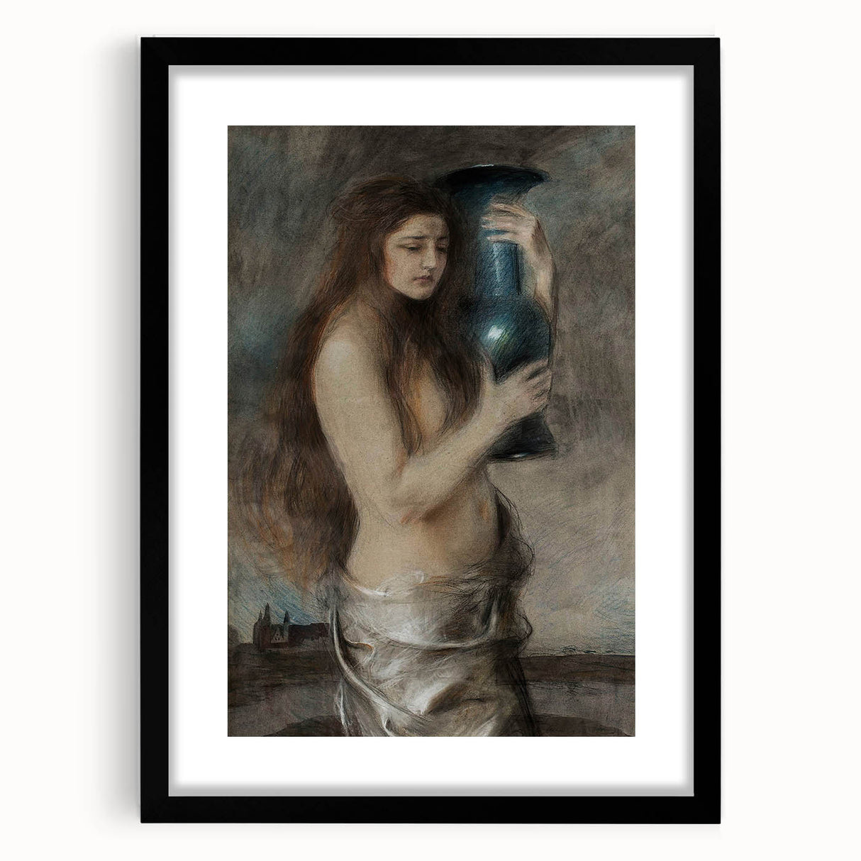 Dark Academia Wall Art - Vintage Gothic Woman Holding Vase in Thought
