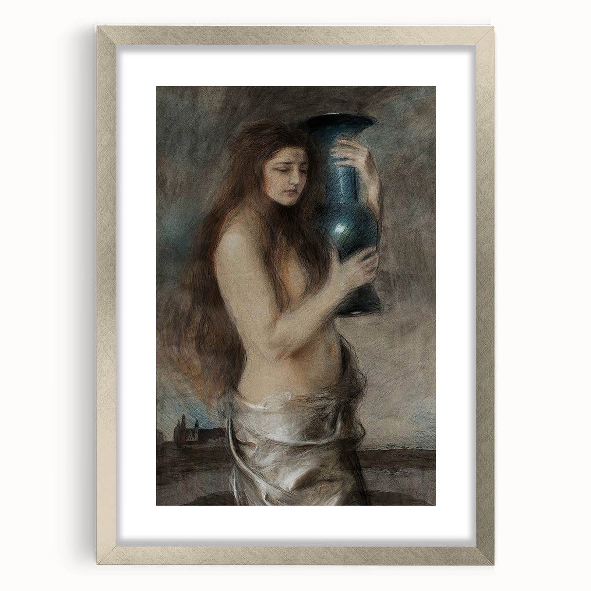 Dark Academia Wall Art - Vintage Gothic Woman Holding Vase in Thought