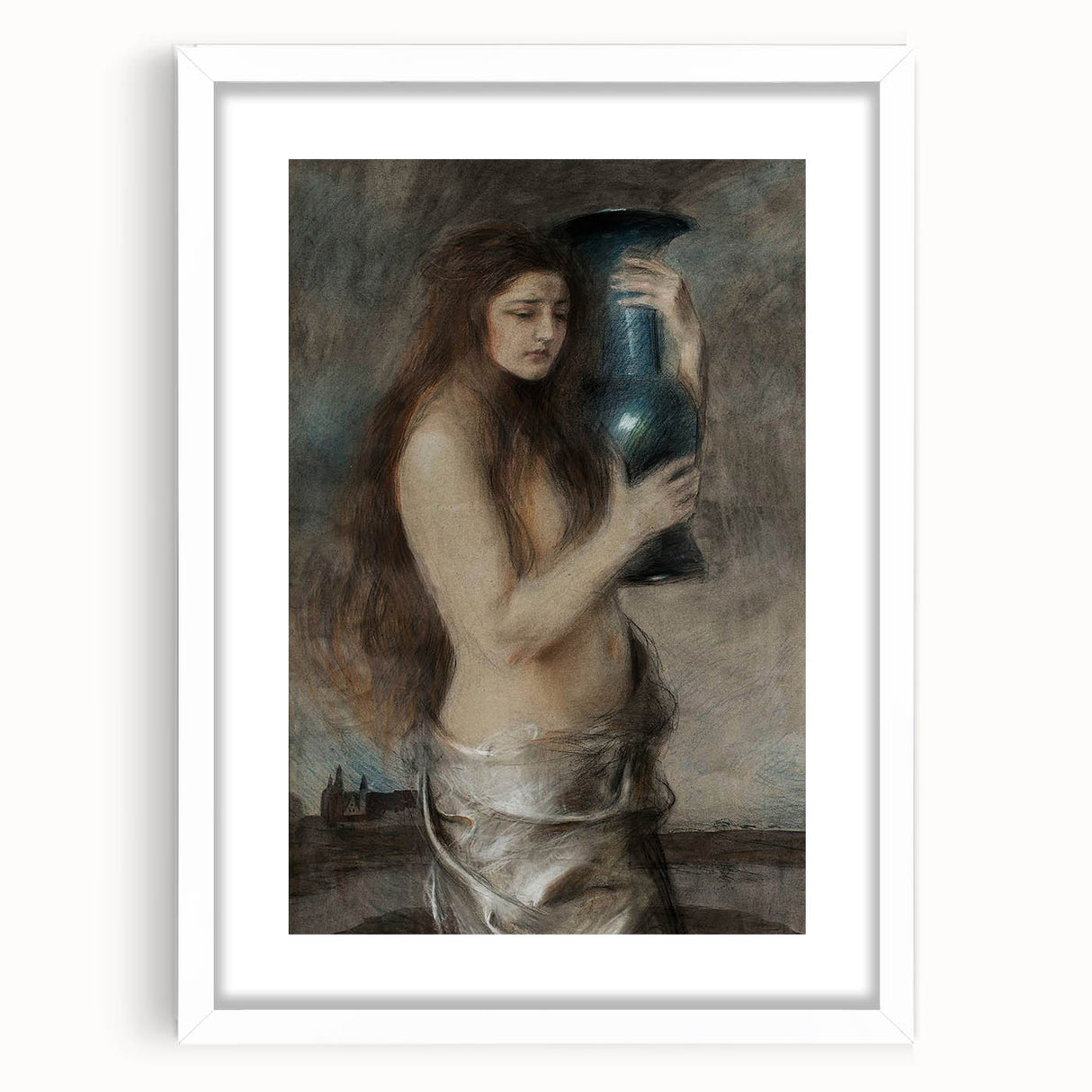 Dark Academia Wall Art - Vintage Gothic Woman Holding Vase in Thought