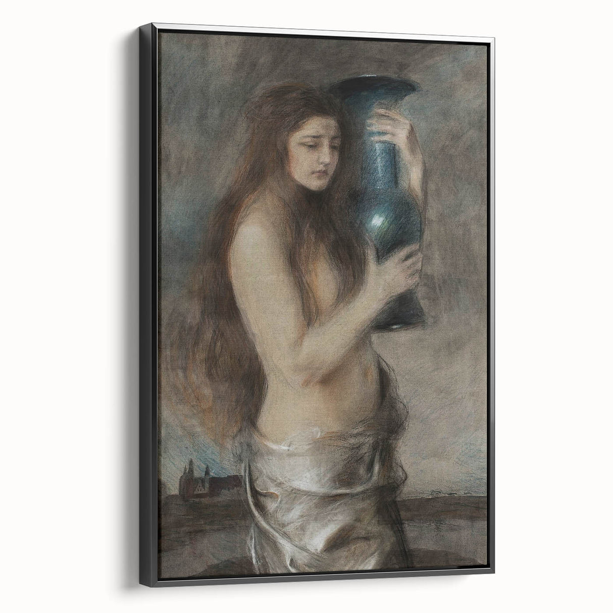 Dark Academia Wall Art - Vintage Gothic Woman Holding Vase in Thought