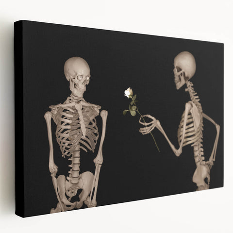 Dark Academia Wall Art – Skeletons with White Rose in Gothic Scene