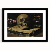 Dark Academia Wall Art – Skull Still Life with Hourglass and Flowers