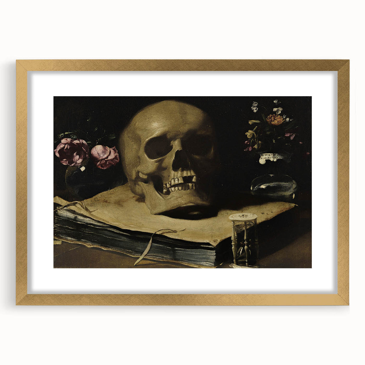 Dark Academia Wall Art – Skull Still Life with Hourglass and Flowers