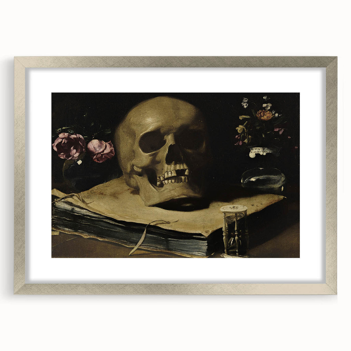 Dark Academia Wall Art – Skull Still Life with Hourglass and Flowers