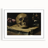 Dark Academia Wall Art – Skull Still Life with Hourglass and Flowers