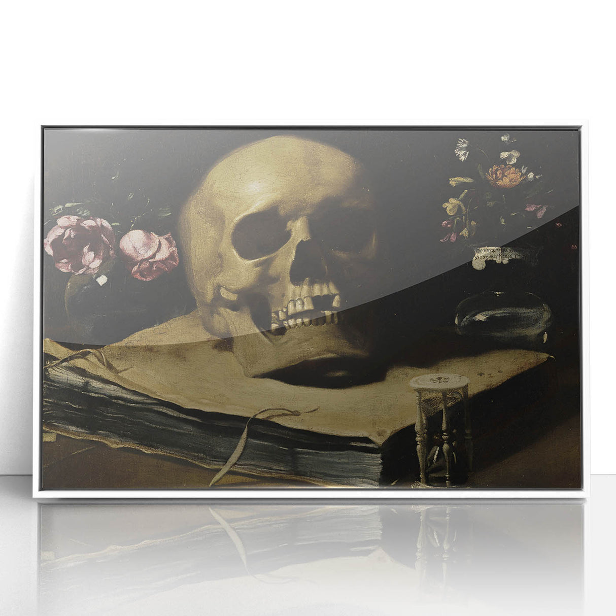 Dark Academia Wall Art – Skull Still Life with Hourglass and Flowers