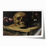 Dark Academia Wall Art – Skull Still Life with Hourglass and Flowers