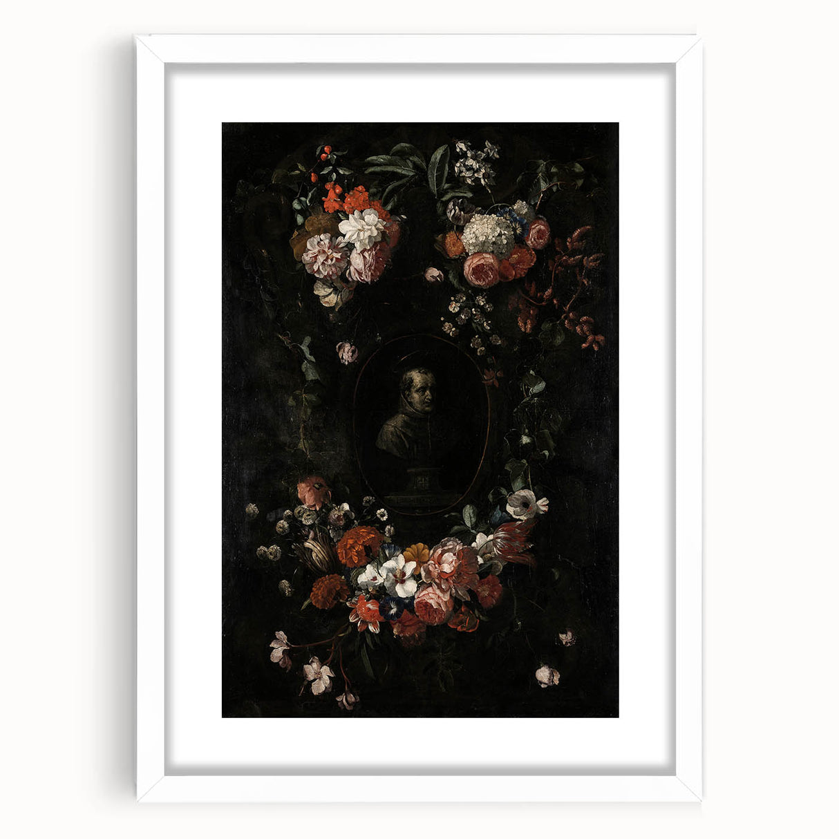 Dark Floral Wreath Art: Portrait Surrounding Flowers Wall Art Decor