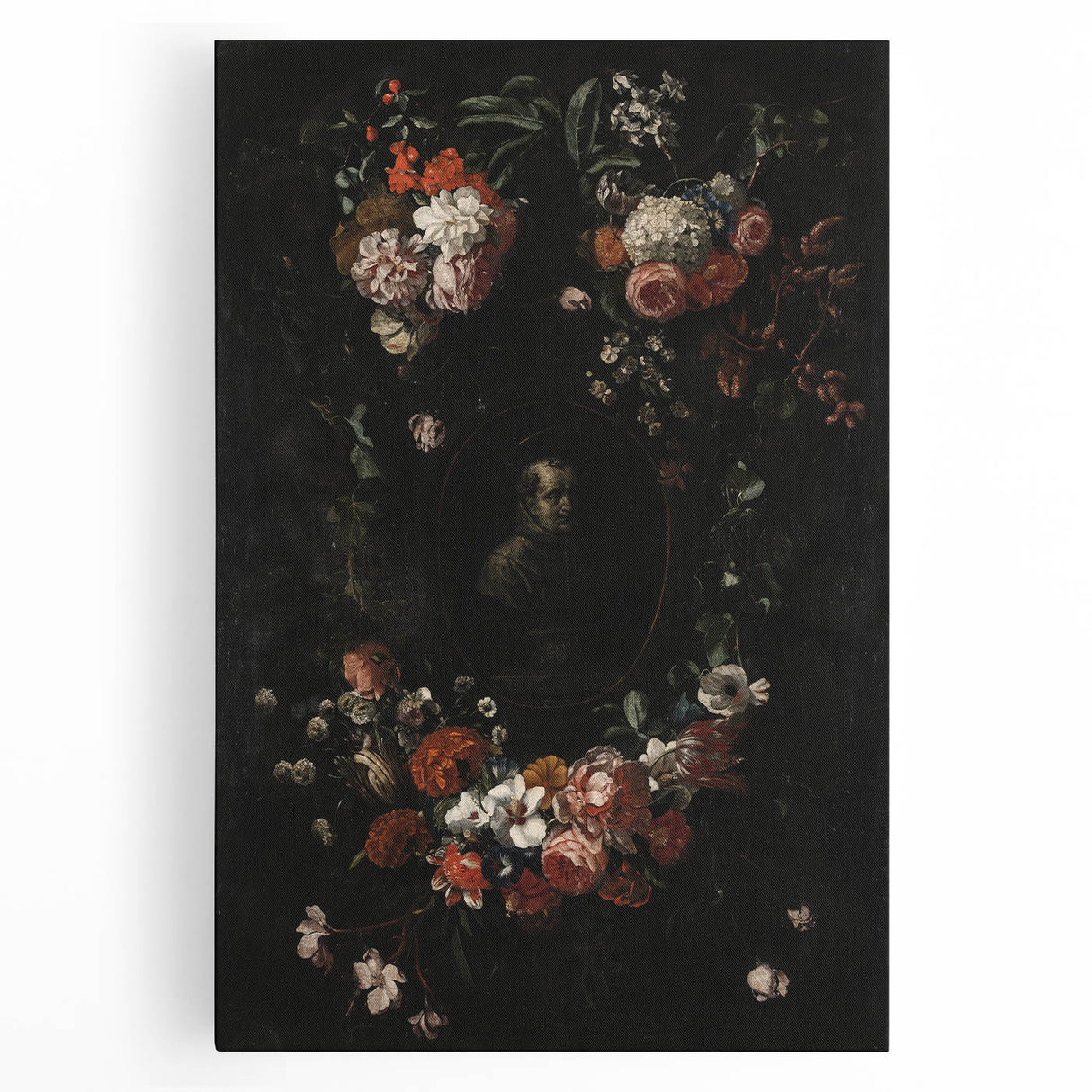 Dark Floral Wreath Art: Portrait Surrounding Flowers Wall Art Decor
