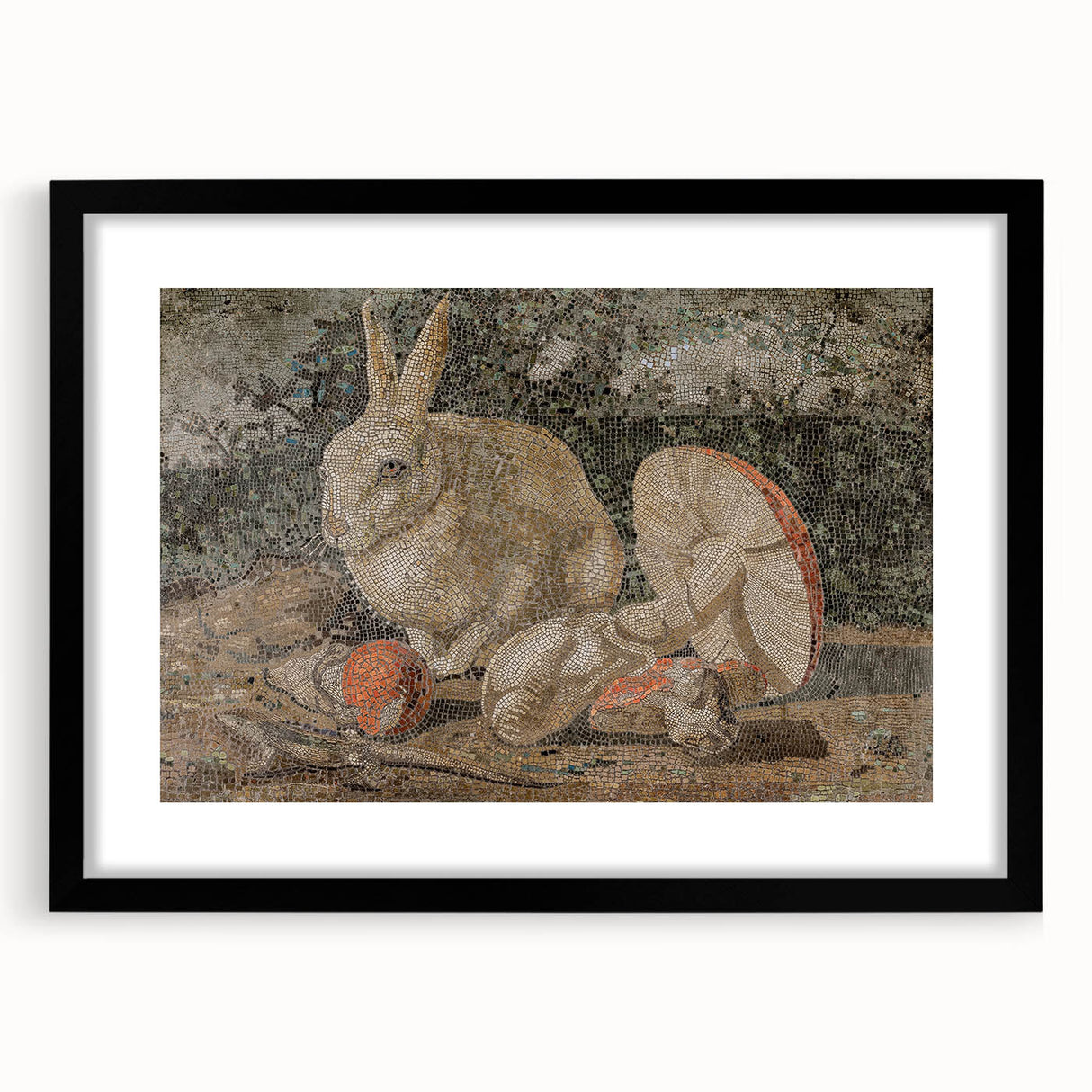 Dark Moody Wall Art: Mosaic Rabbit & Mushrooms - Timeless Dark Print