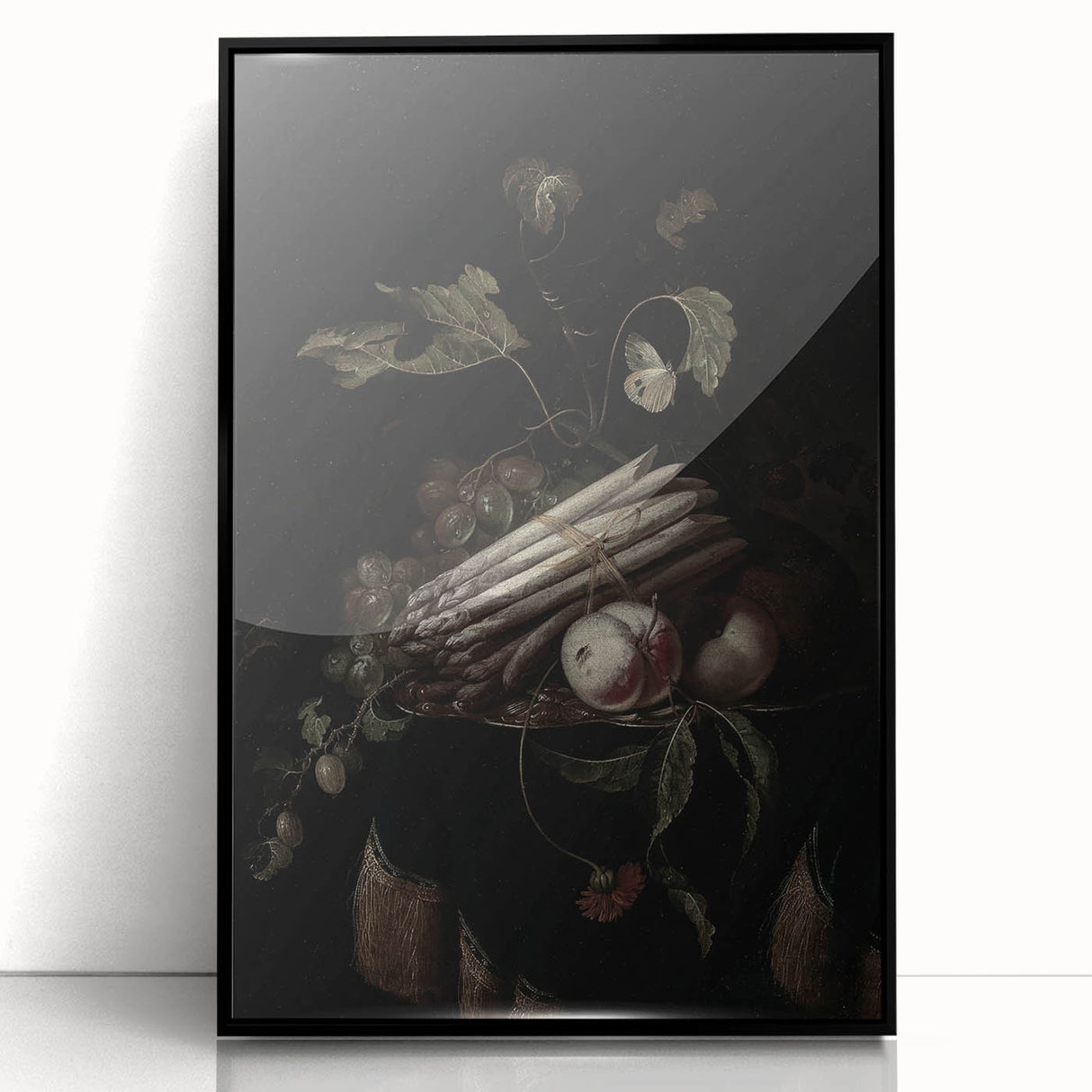 Dark Moody Wall Art - Elegant Still Life with Asparagus and Fruit