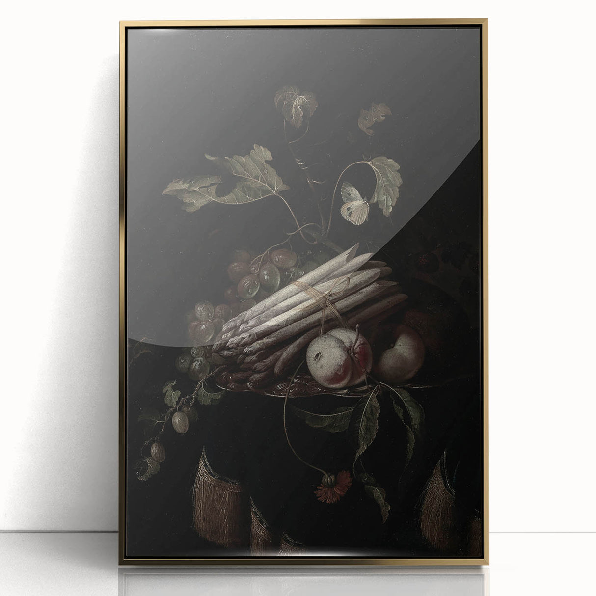 Dark Moody Wall Art - Elegant Still Life with Asparagus and Fruit