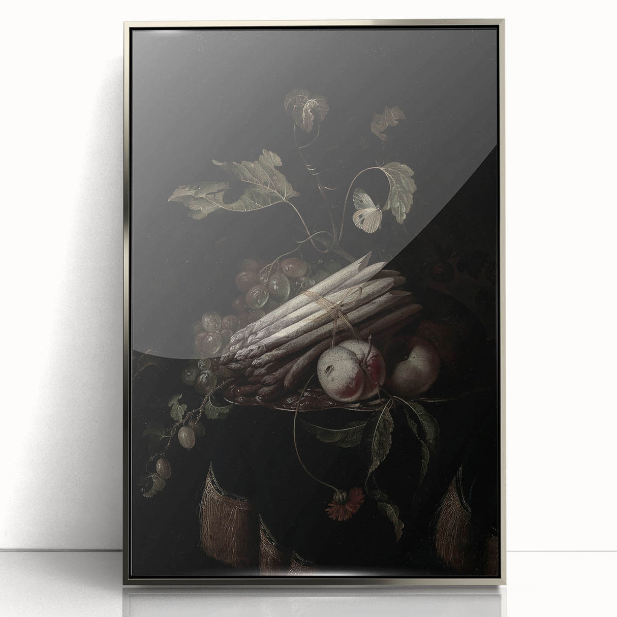 Dark Moody Wall Art - Elegant Still Life with Asparagus and Fruit