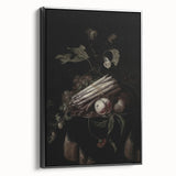 Dark Moody Wall Art - Elegant Still Life with Asparagus and Fruit