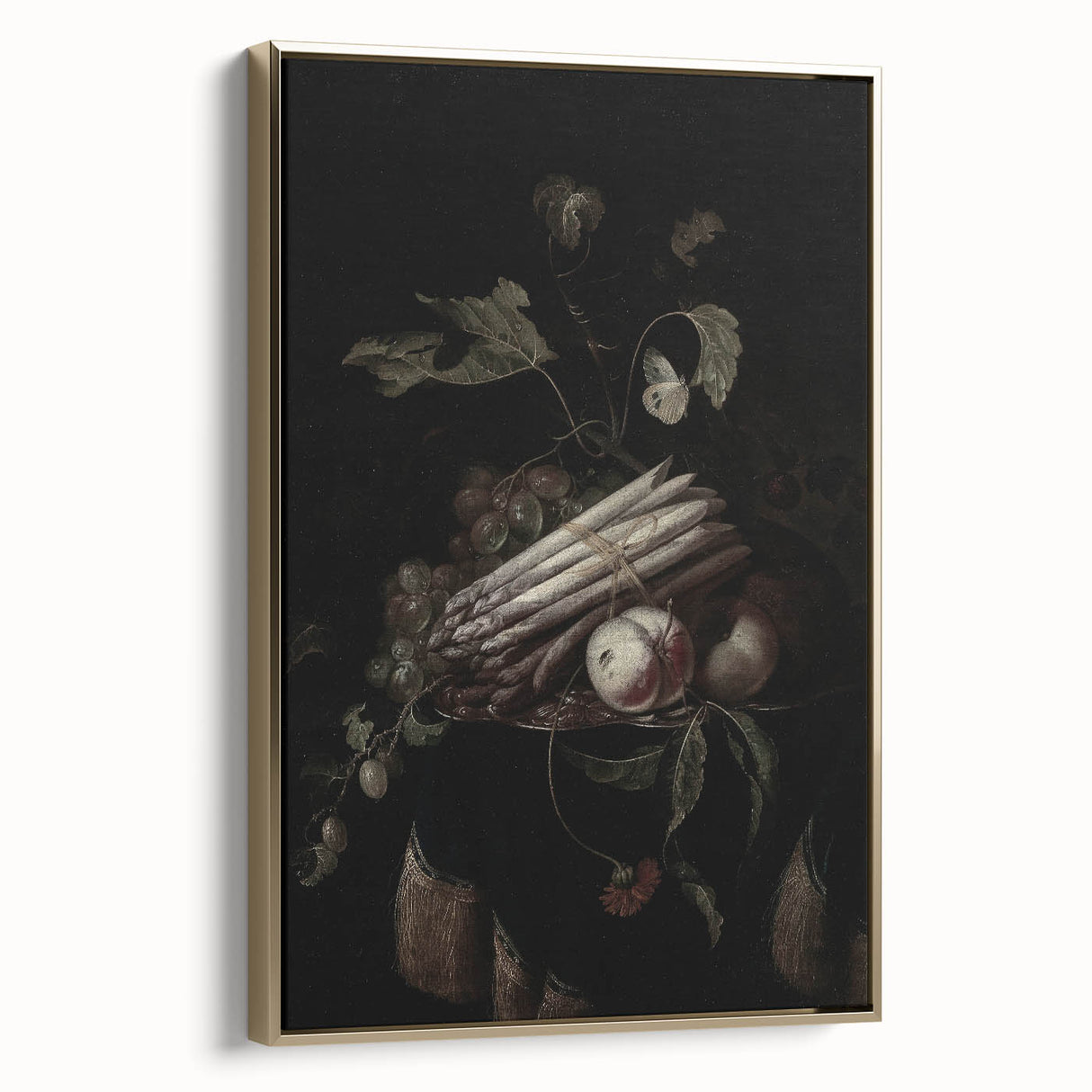 Dark Moody Wall Art - Elegant Still Life with Asparagus and Fruit