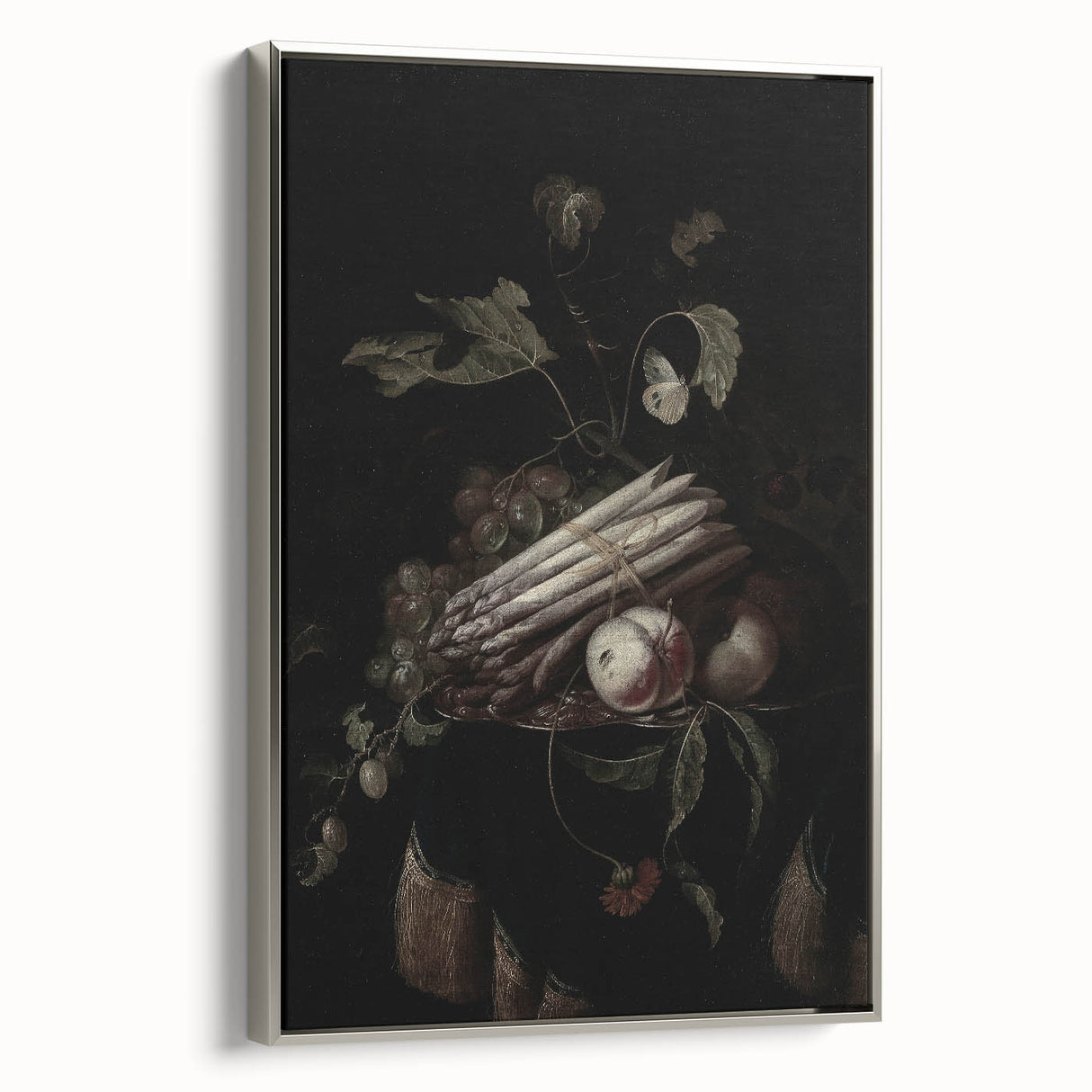 Dark Moody Wall Art - Elegant Still Life with Asparagus and Fruit