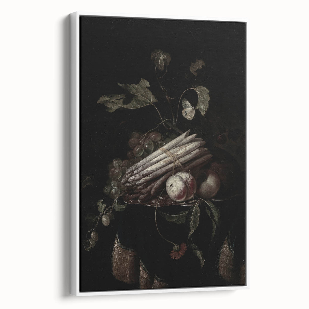 Dark Moody Wall Art - Elegant Still Life with Asparagus and Fruit