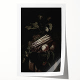 Dark Moody Wall Art - Elegant Still Life with Asparagus and Fruit