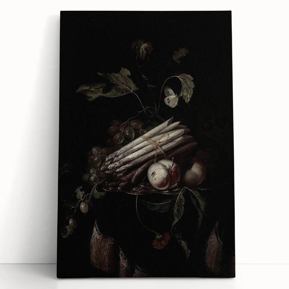 Dark Moody Wall Art - Elegant Still Life with Asparagus and Fruit