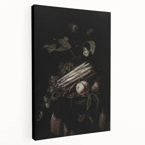 Dark Moody Wall Art - Elegant Still Life with Asparagus and Fruit