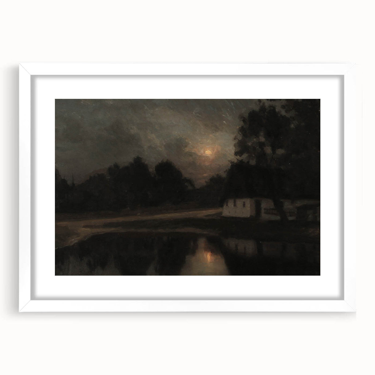 Dark Moody Wall Art: Moonlit Cottage by the Lake - Moody Art Print