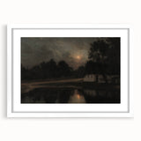 Dark Moody Wall Art: Moonlit Cottage by the Lake - Moody Art Print