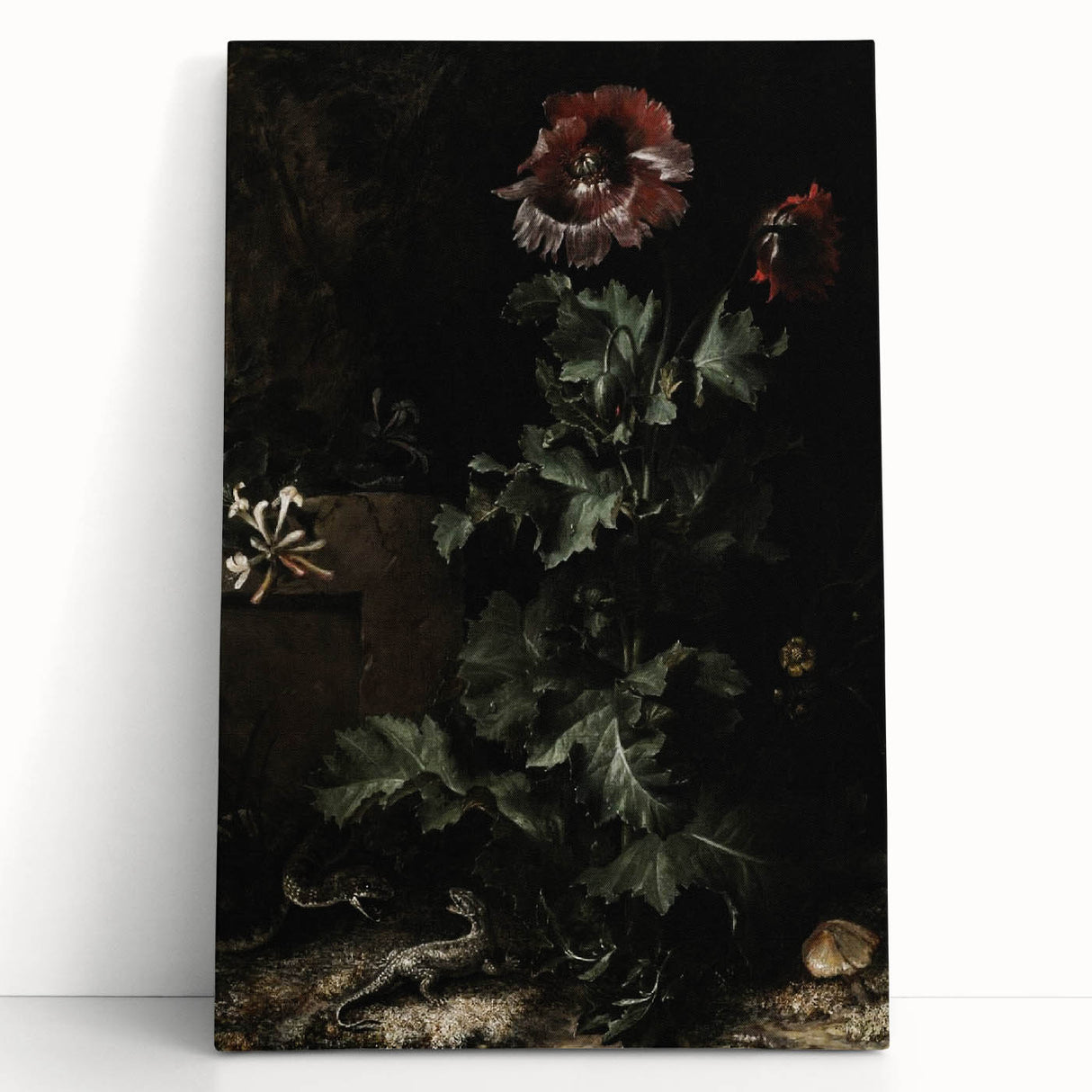 Dark Moody Wall Art - Dramatic Botanical Scene with Flower and Reptiles
