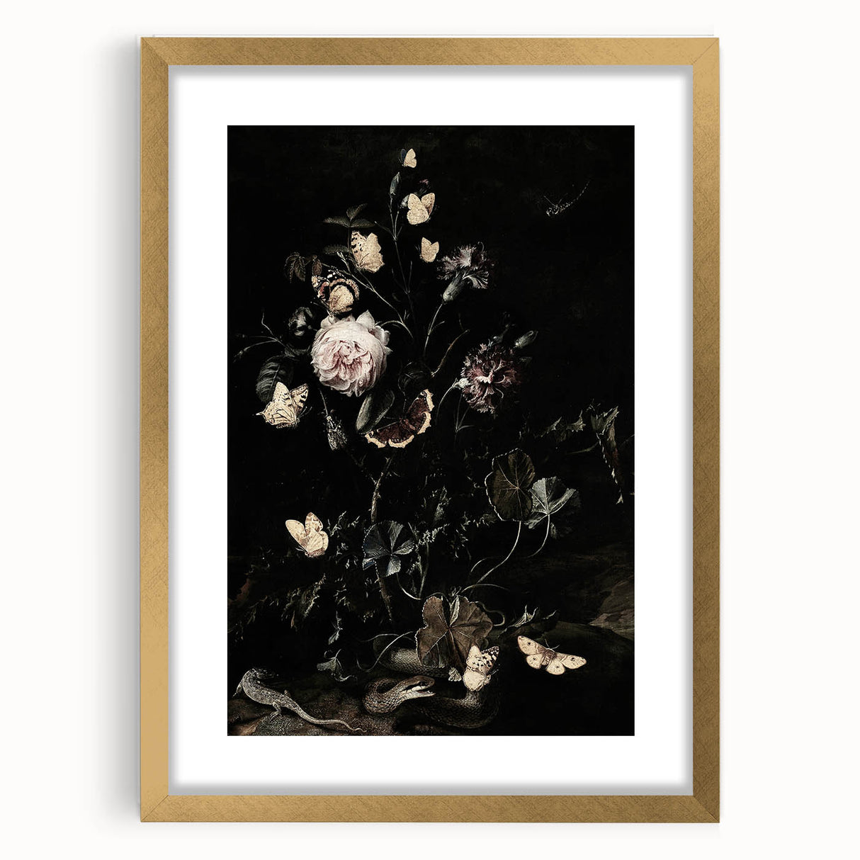 Dark Moody Wall Art - Botanical Elegance with Flowers, Butterflies & Reptiles