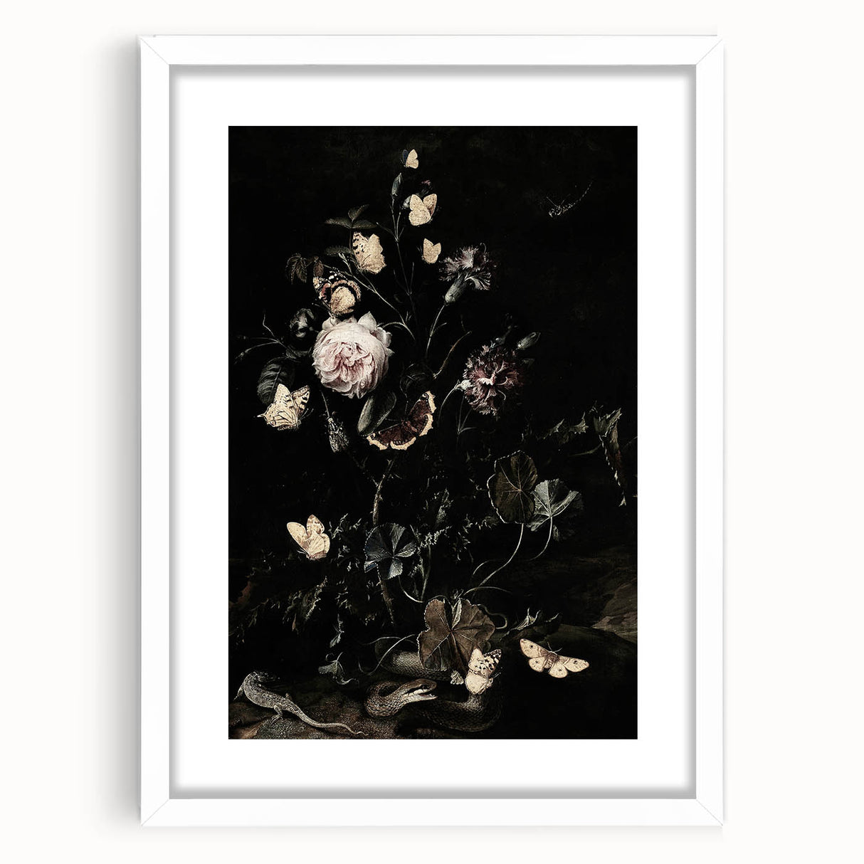 Dark Moody Wall Art - Botanical Elegance with Flowers, Butterflies & Reptiles
