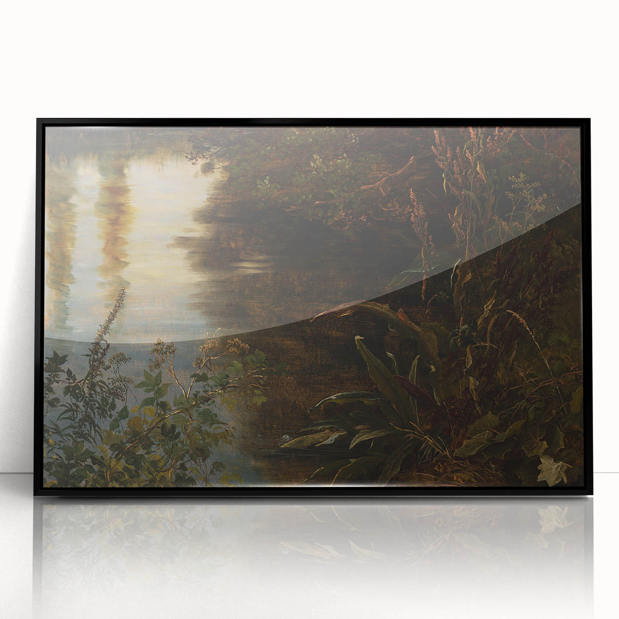 Dark Moody Wall Art | Reflections on Water with Lush Foliage | Nature Art
