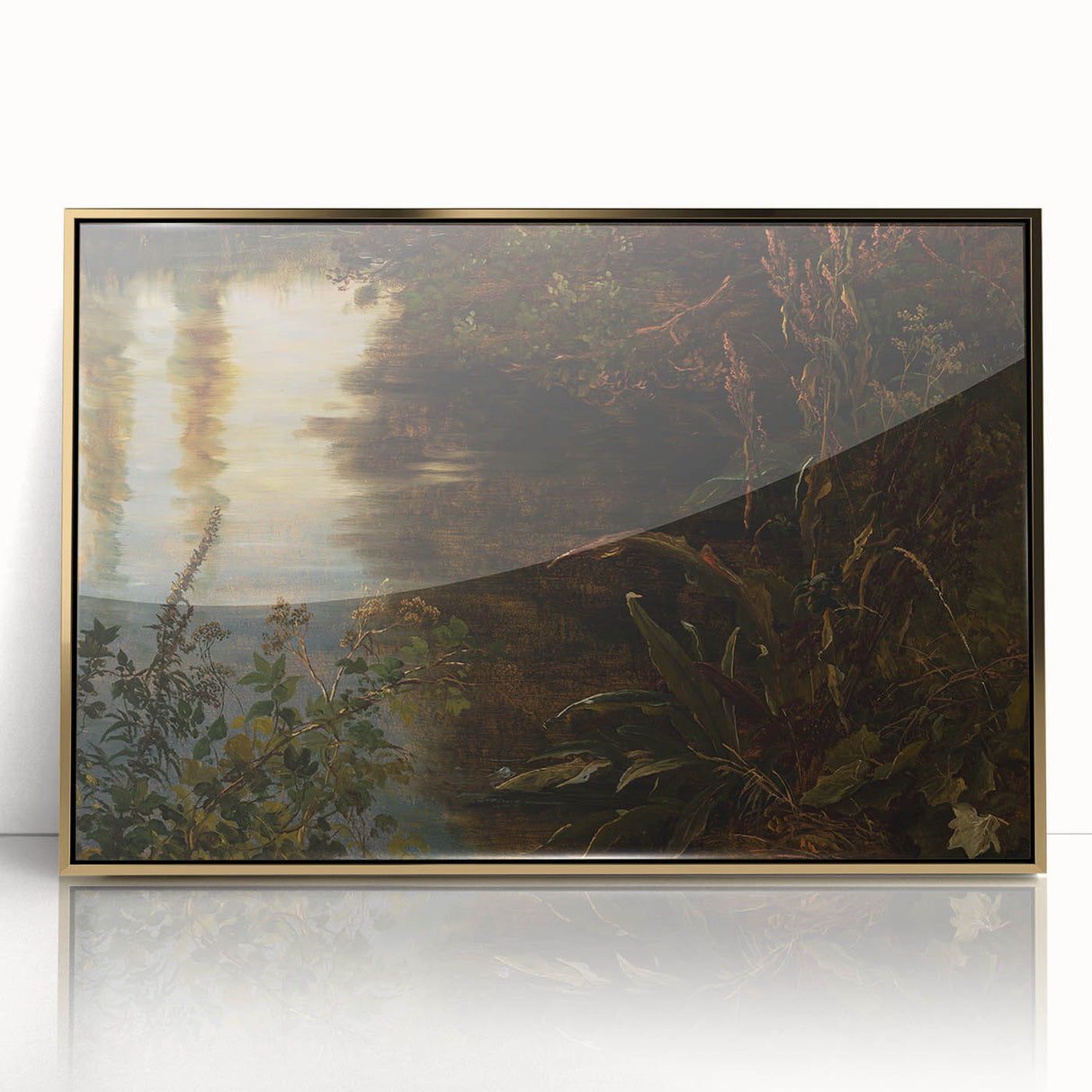 Dark Moody Wall Art | Reflections on Water with Lush Foliage | Nature Art