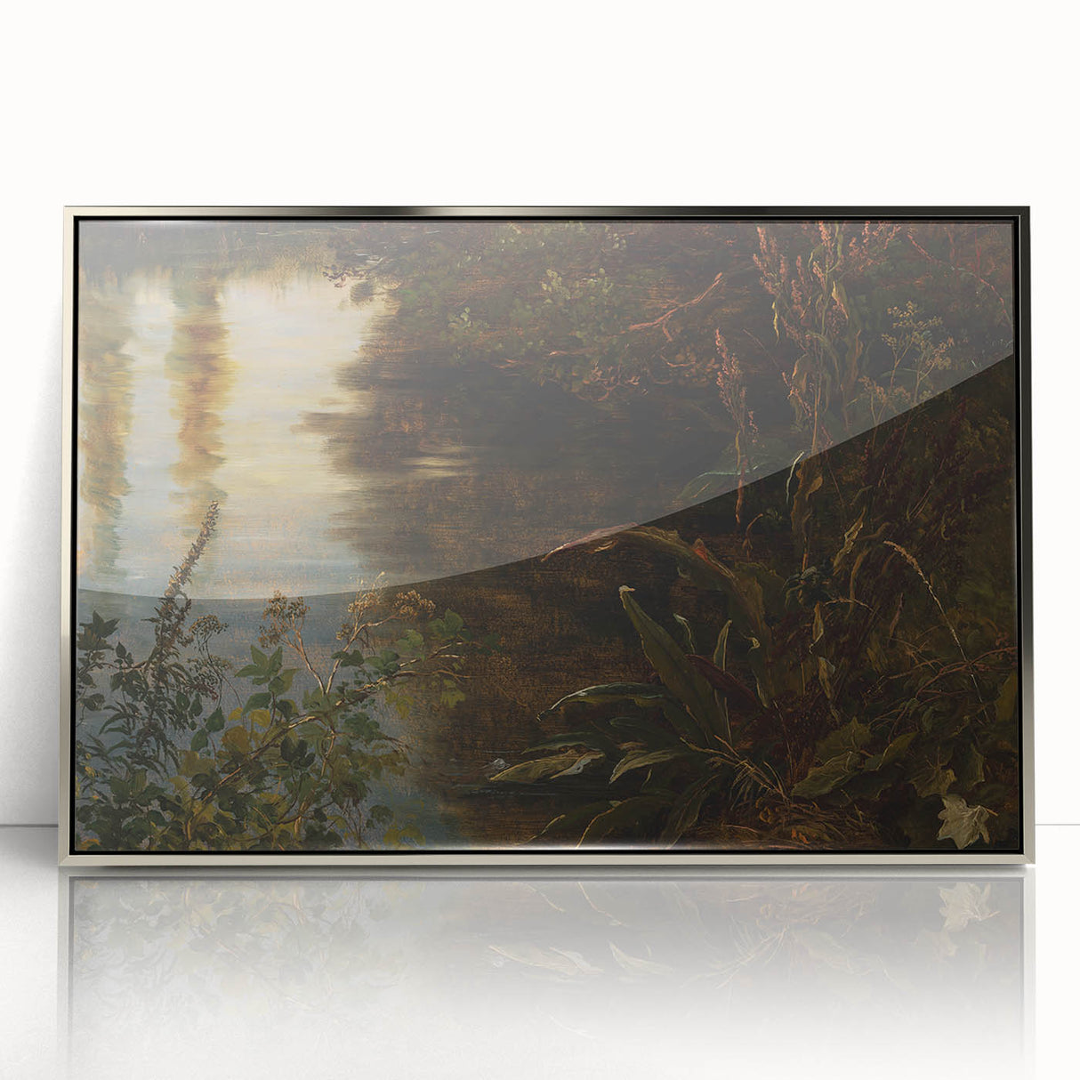 Dark Moody Wall Art | Reflections on Water with Lush Foliage | Nature Art