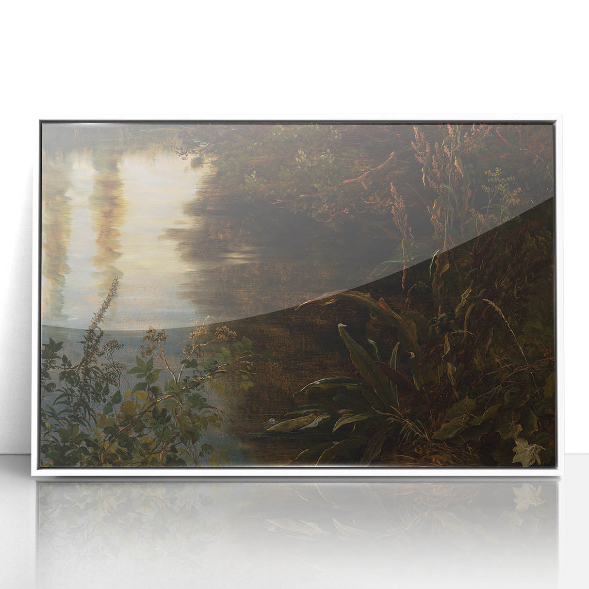 Dark Moody Wall Art | Reflections on Water with Lush Foliage | Nature Art