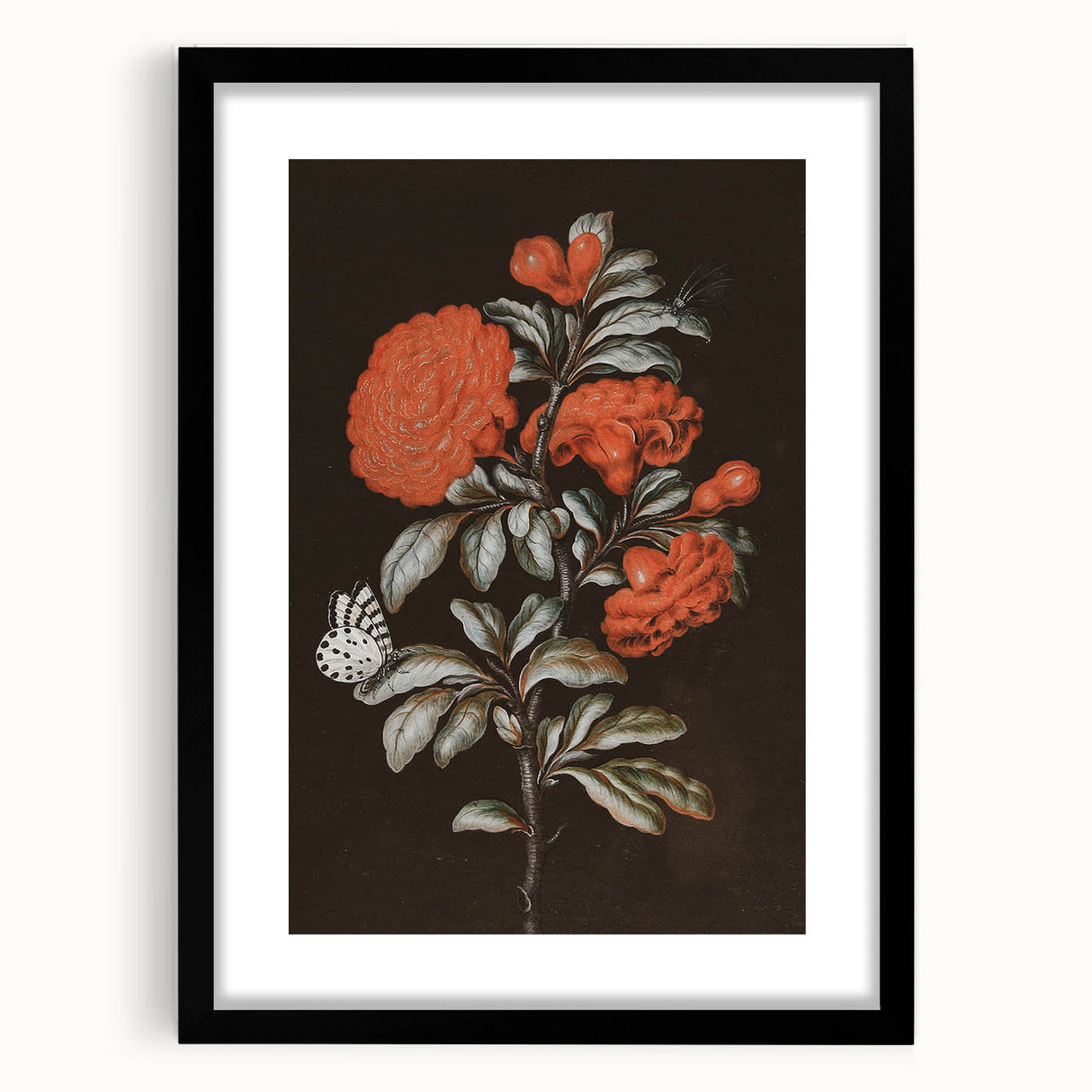 Dark Moody Wall Art - Vibrant Red Floral with Butterfly and Dragonfly