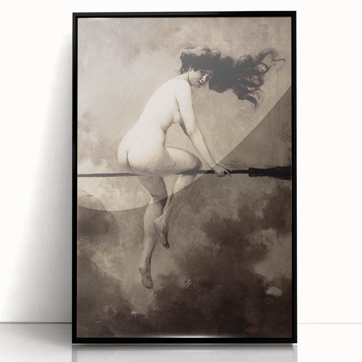 Dark Moody Wall Art | Vintage Nude on Broomstick | Moody Art Prints