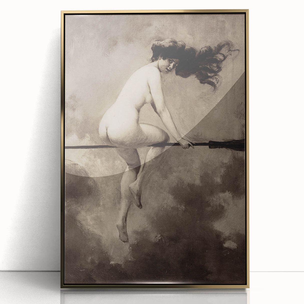 Dark Moody Wall Art | Vintage Nude on Broomstick | Moody Art Prints